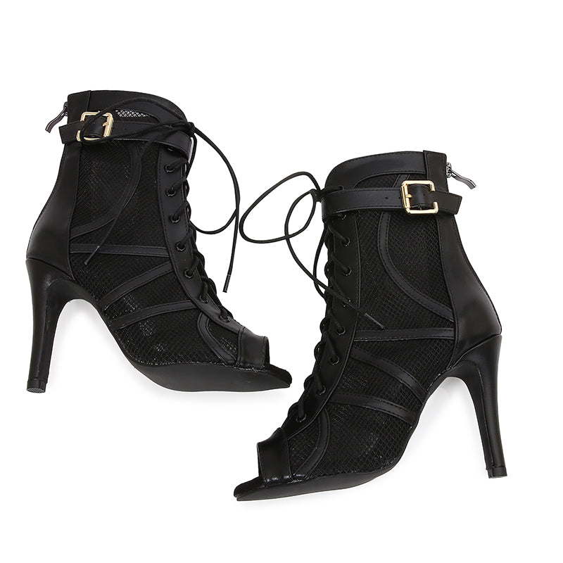 Women's Black Customized Dance Heels Rubber Sole Peep Toe Lace-up JazShoes Dance Boots
