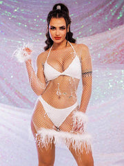 Rhinestone Dress With Feathers - Mesh Pearl Dress