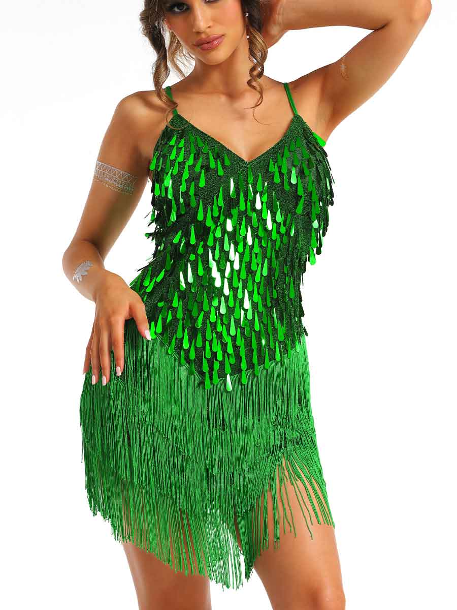 Mini Green Sequin Fringe Dress
