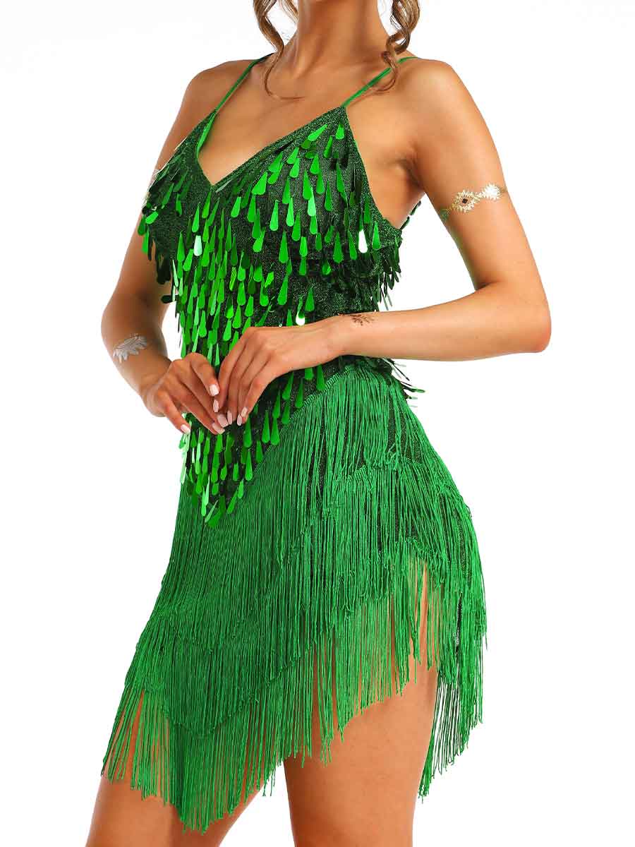 Mini Green Sequin Fringe Dress