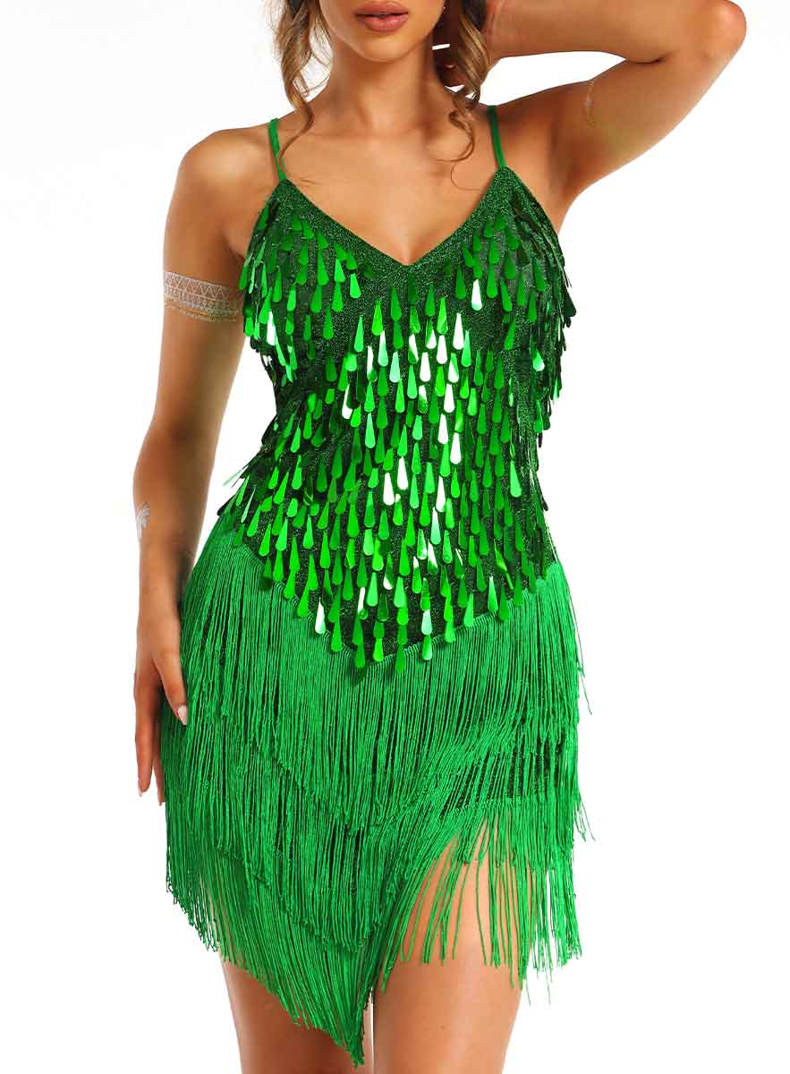 Mini Green Sequin Fringe Dress