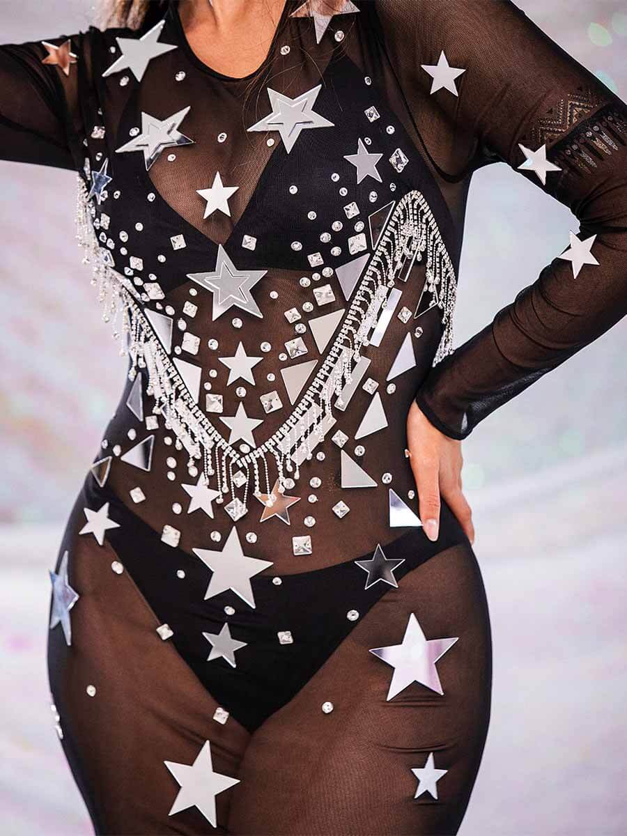 Sequin Rhinestone Dresses - Sheer Black Spandex Mesh Dress
