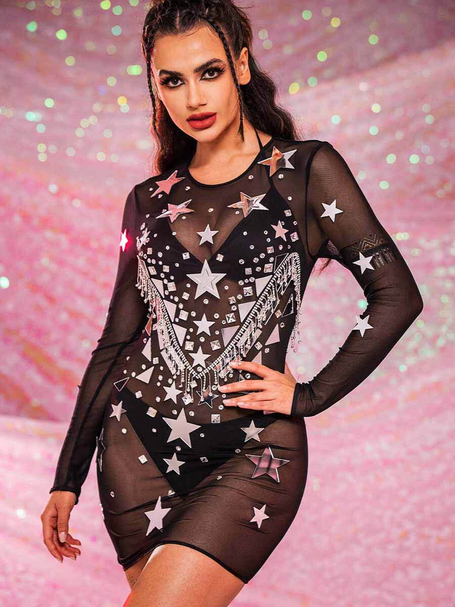 Sequin Rhinestone Dresses - Sheer Black Spandex Mesh Dress
