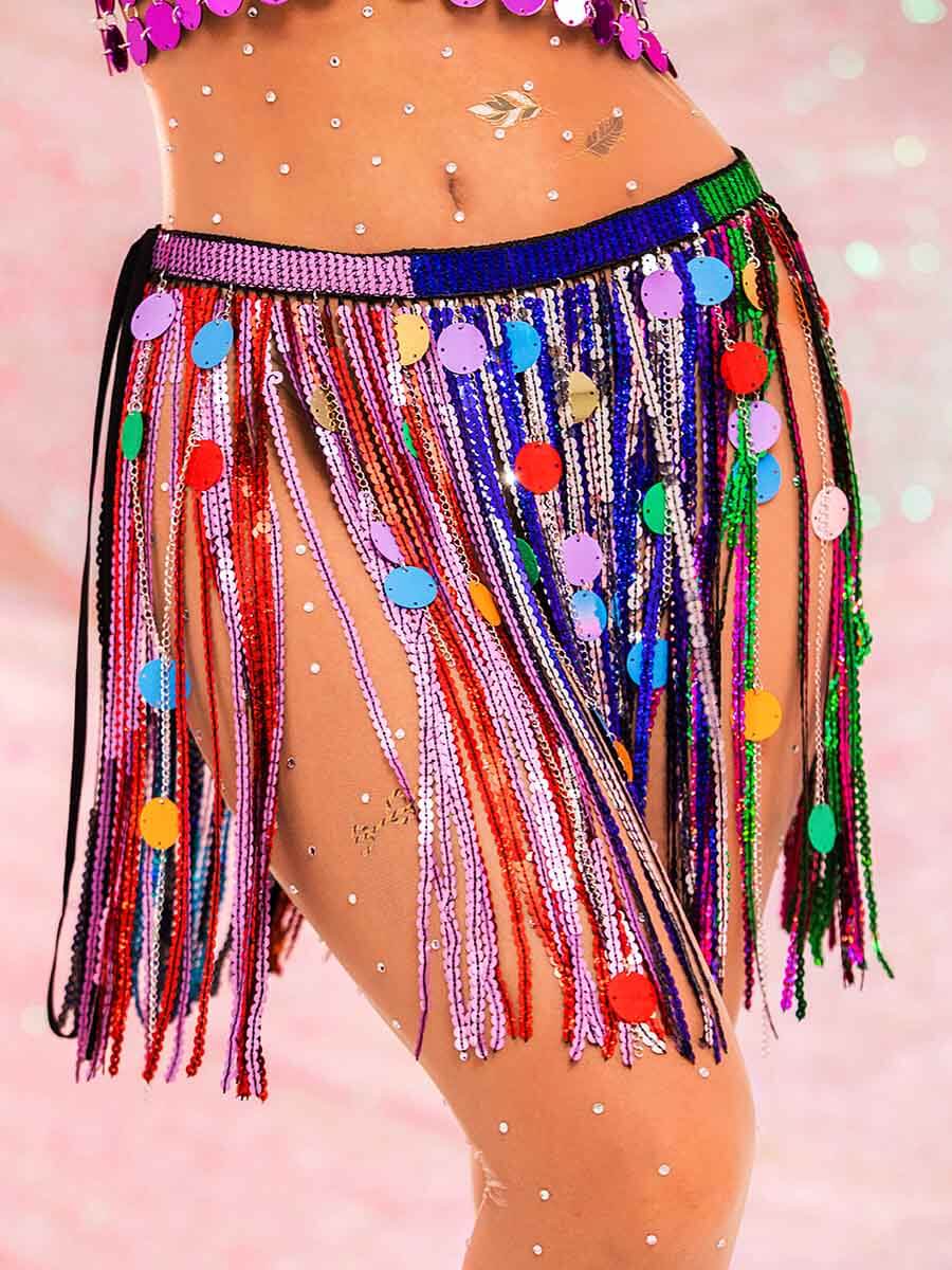 Iridescent Sequin Skirt - Fringed Rainbow Mini Skirt