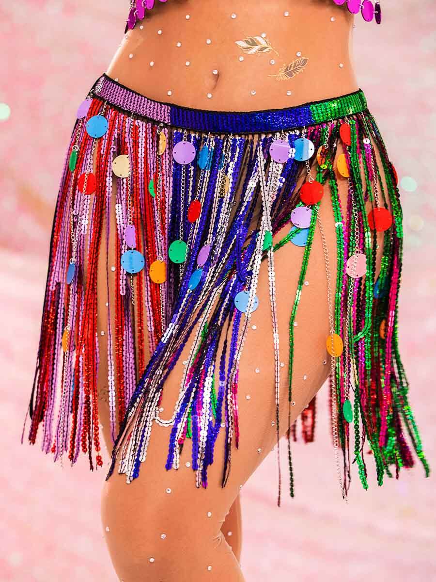 Iridescent Sequin Skirt - Fringed Rainbow Mini Skirt