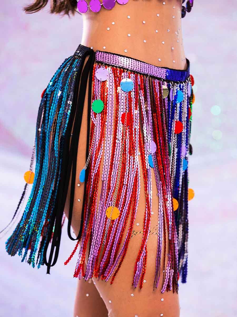 Iridescent Sequin Skirt - Fringed Rainbow Mini Skirt