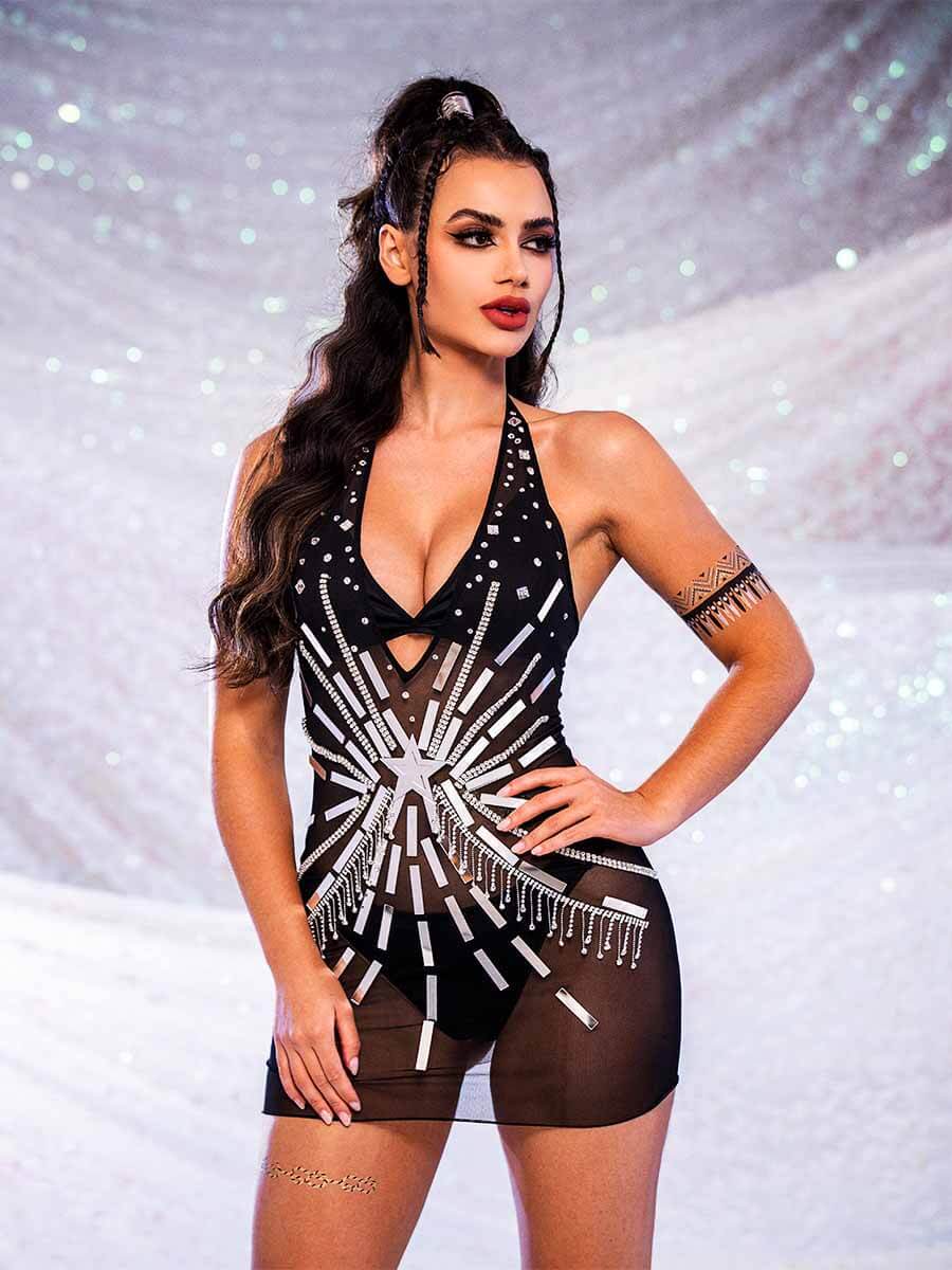 Sparkly Rhinestone Dress - Black Sequin Sheer Dresses