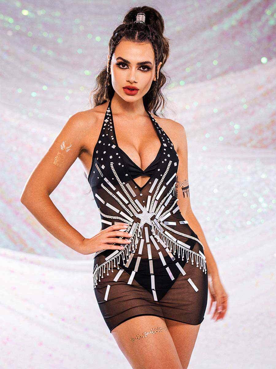 Sparkly Rhinestone Dress - Black Sequin Sheer Dresses