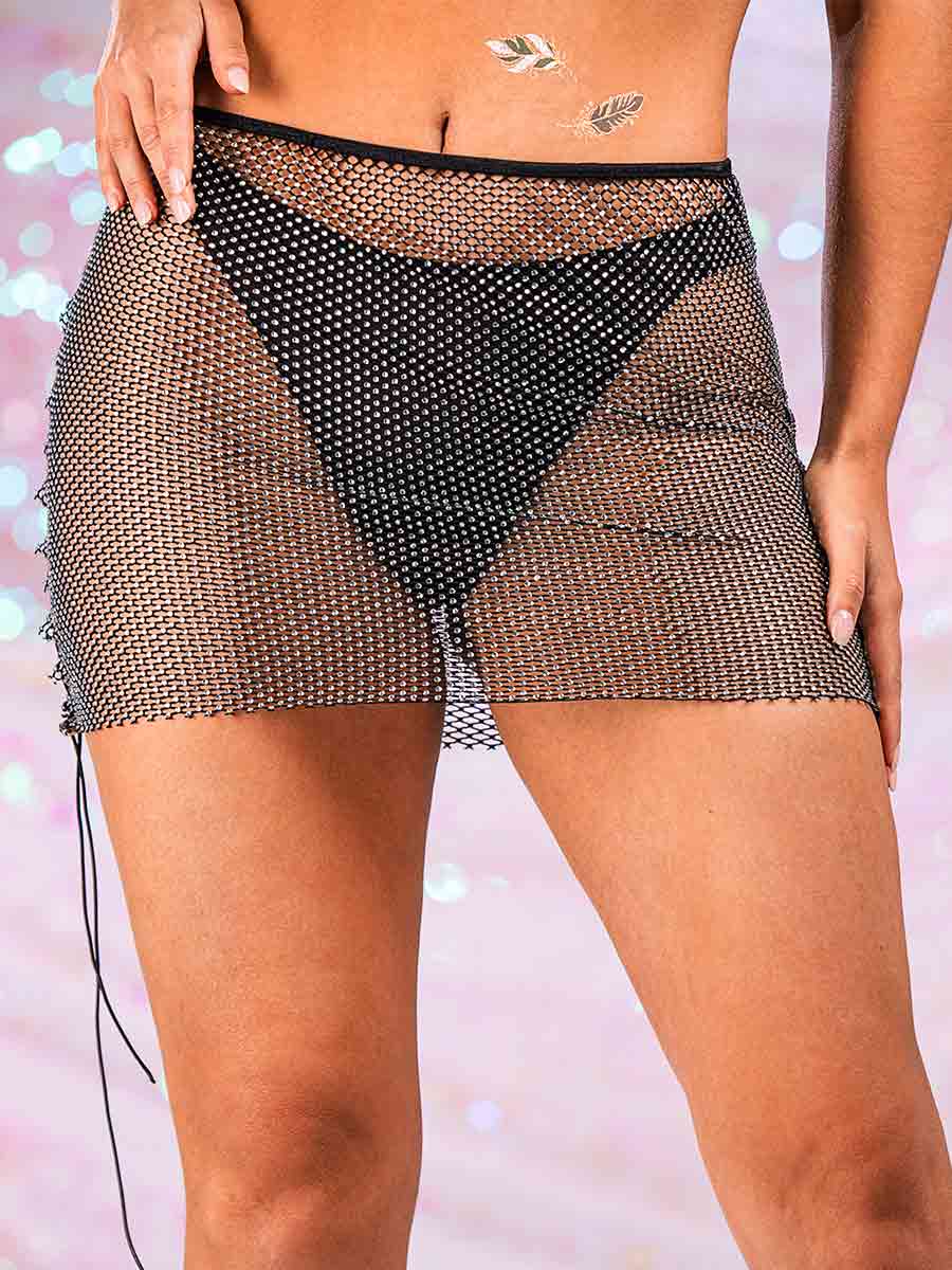 Black Rhinestone Mini Skirt - Mesh Breathable Short Skirt