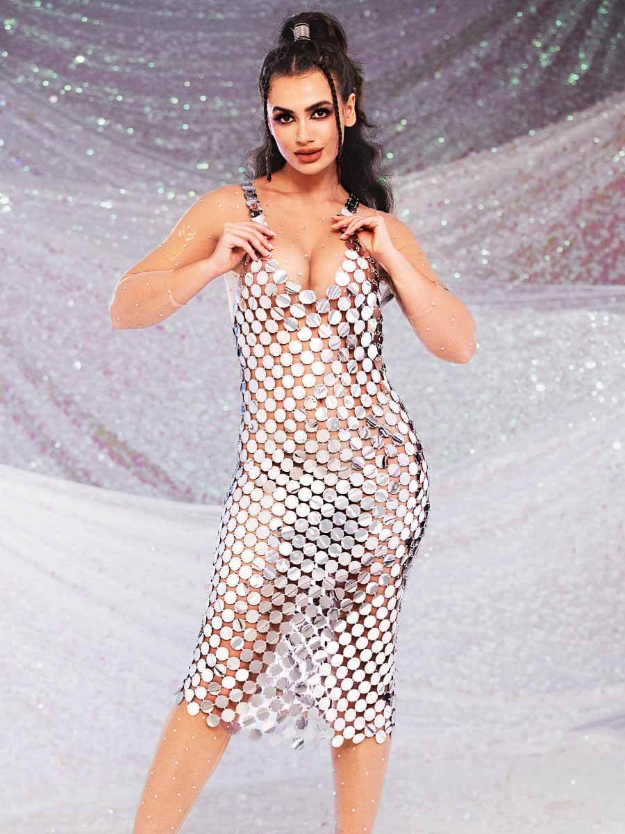 Silver Sequin Midi Dress - V-Neck Strappy Chainmail Dress