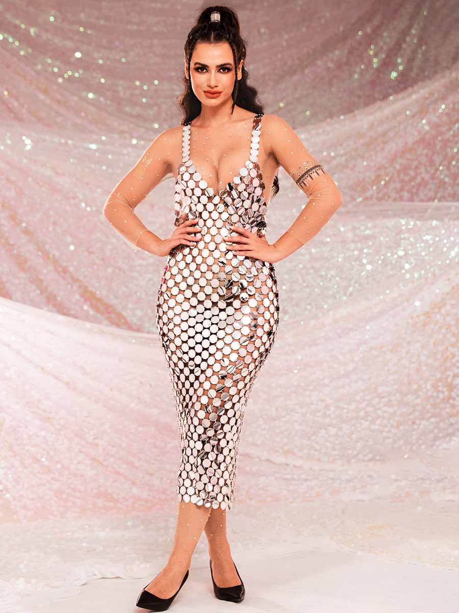 Silver Sequin Midi Dress - V-Neck Strappy Chainmail Dress