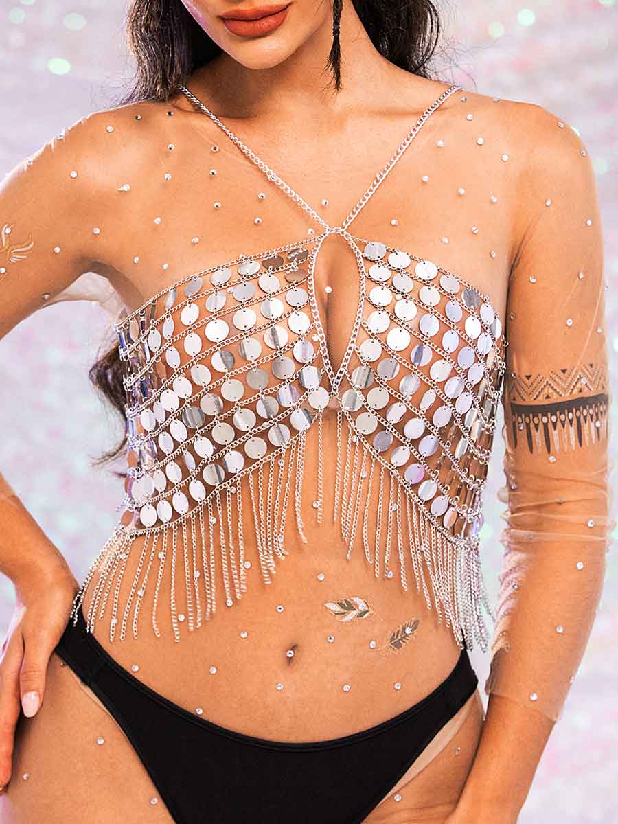 Metal Chain Silver Sequin Tassel Bra Top