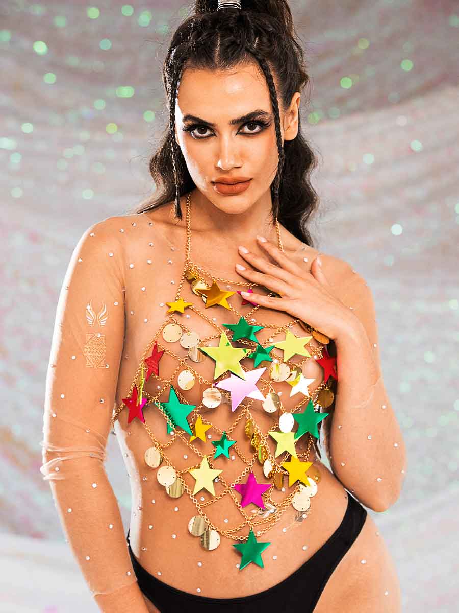 Star Sequin Top - Gold Metal Chain Round Sequin Top