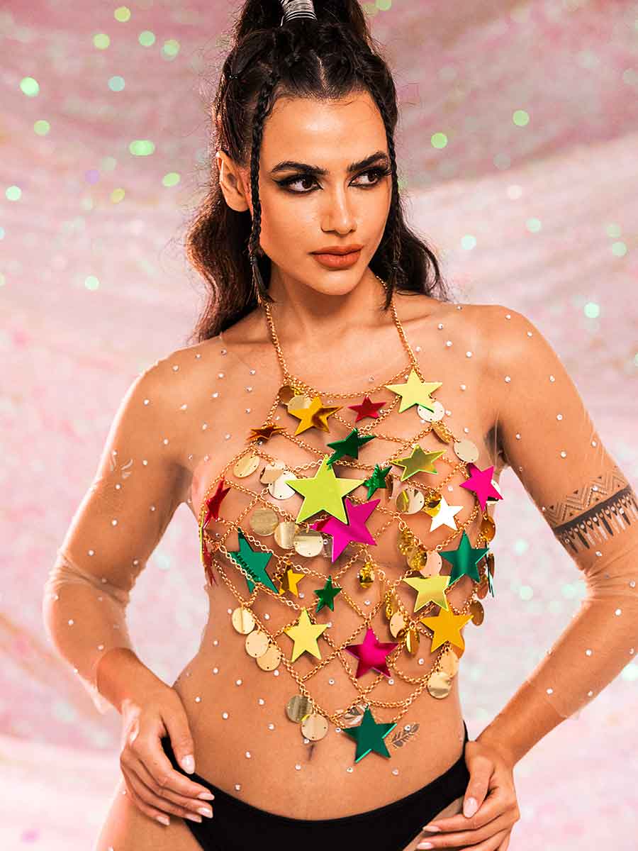 Star Sequin Top - Gold Metal Chain Round Sequin Top