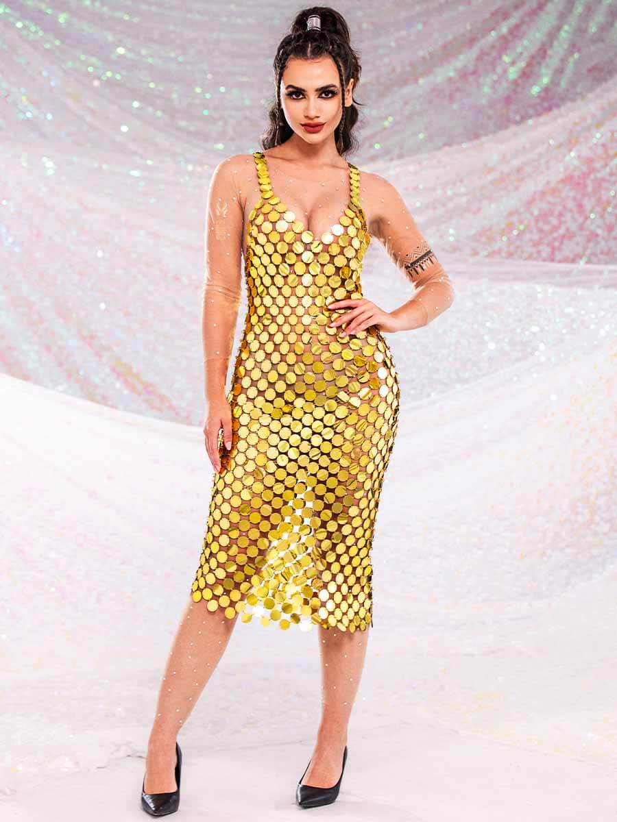 Gold Sequin Midi Dress with Open Back