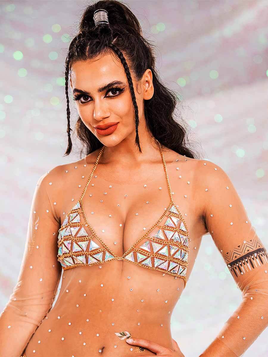 Rhinestone Chain Bra - V-Neck Halter Crystal Bra Top