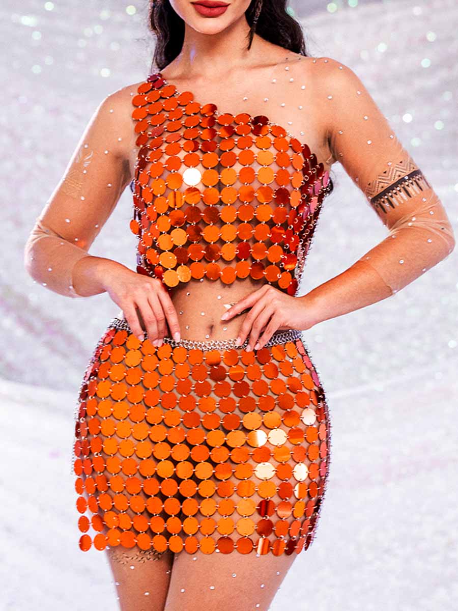 Sparkly Two Piece Set - Orange Sequin Top & Orange Sequin Skirt