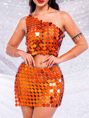 Sparkly Two Piece Set - Orange Sequin Top & Orange Sequin Skirt