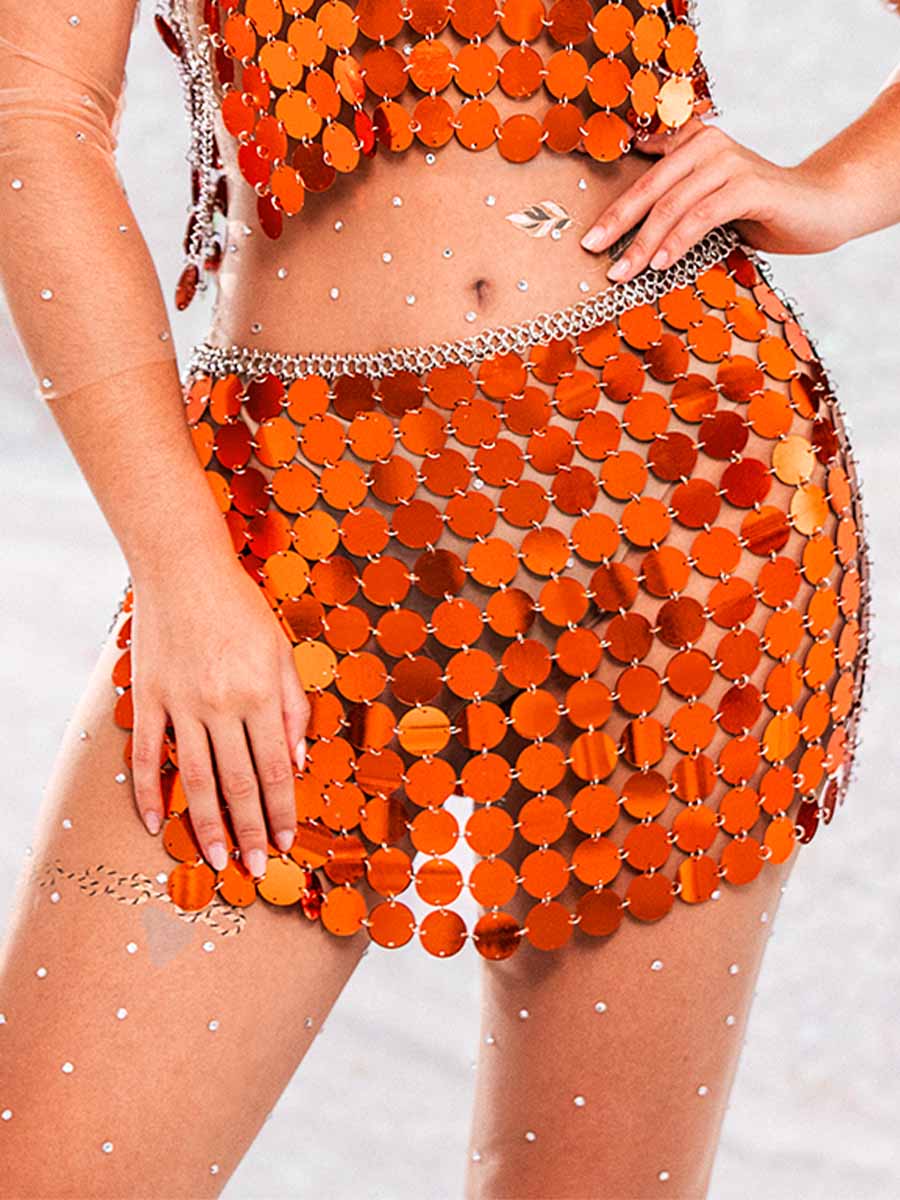 Sparkly Two Piece Set - Orange Sequin Top & Orange Sequin Skirt