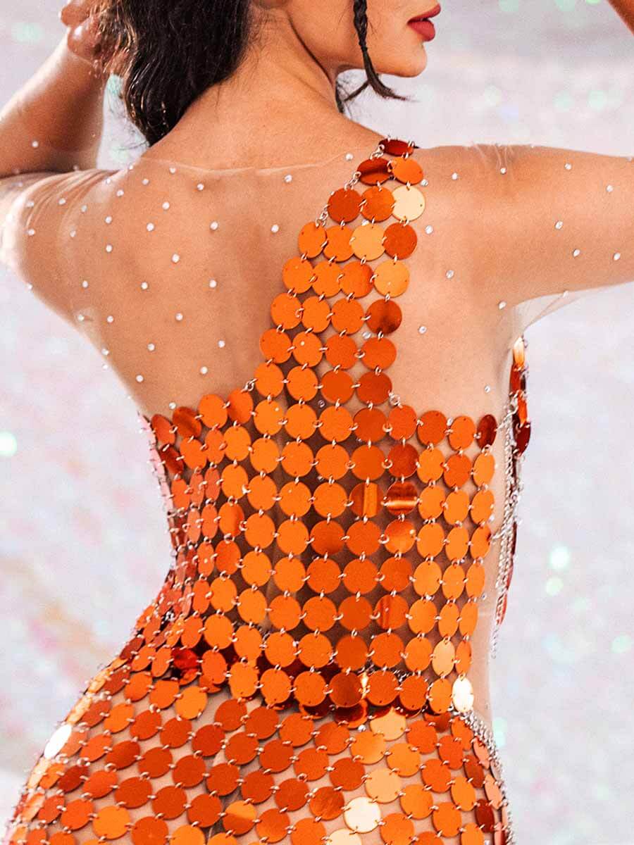 Sparkly Two Piece Set - Orange Sequin Top & Orange Sequin Skirt