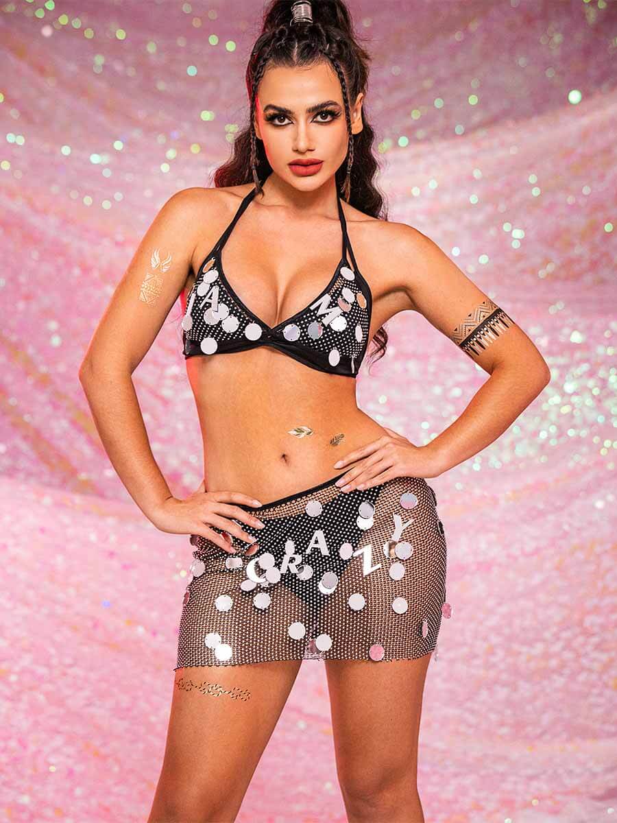 Black Rhinestone Two Piece Set - Suspender Bra + Mini Skirt