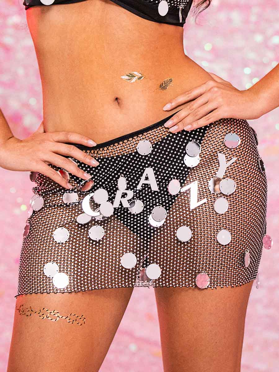Black Rhinestone Two Piece Set - Suspender Bra + Mini Skirt
