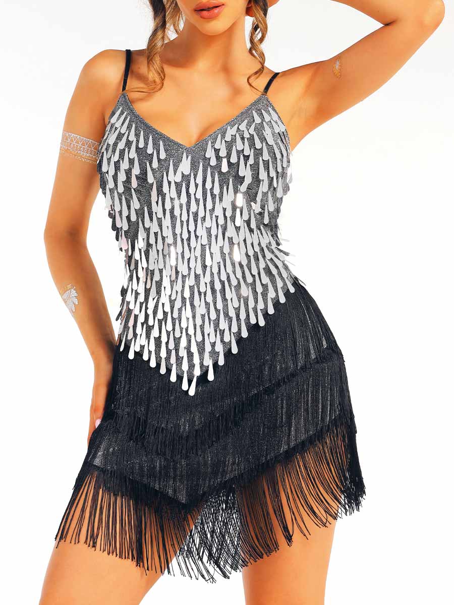 Silver Sequin Black Tassel Dress