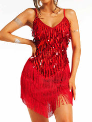 Red Sequin Fringe Spaghetti Strap Dress
