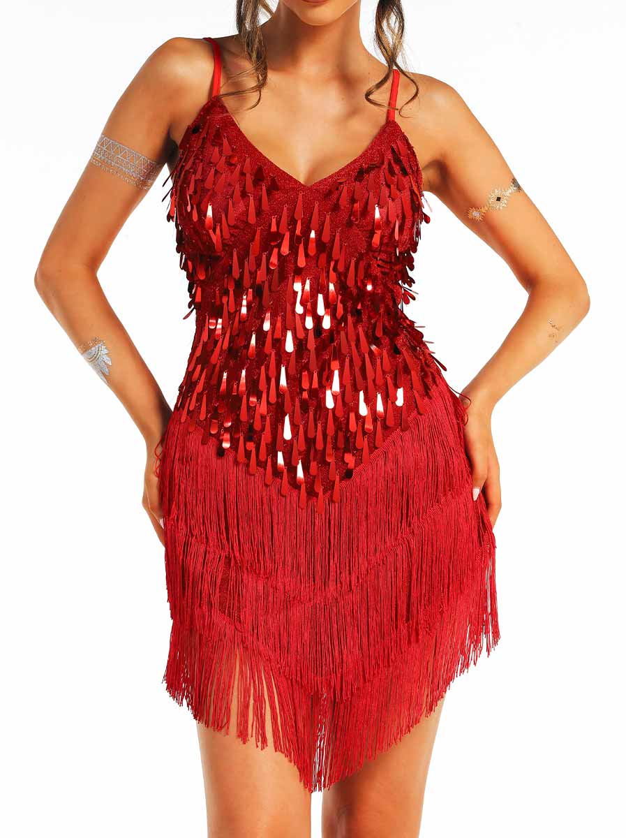 Red Sequin Fringe Spaghetti Strap Dress