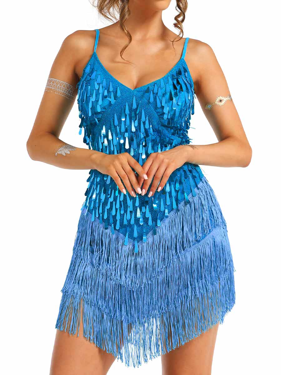 Thin Strap Blue Sequin Tassel Dress