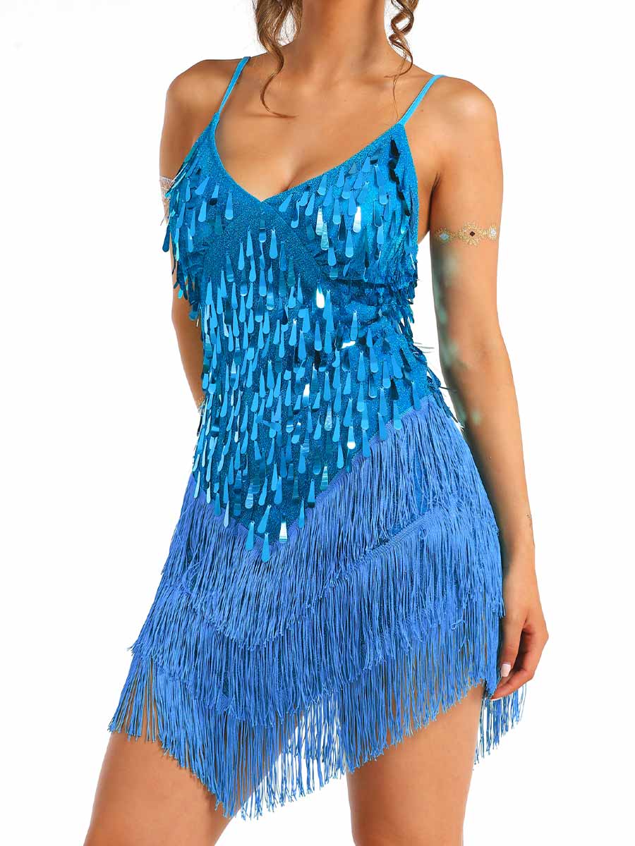 Thin Strap Blue Sequin Tassel Dress
