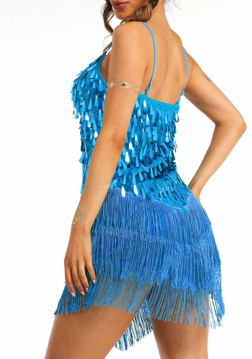 Thin Strap Blue Sequin Tassel Dress