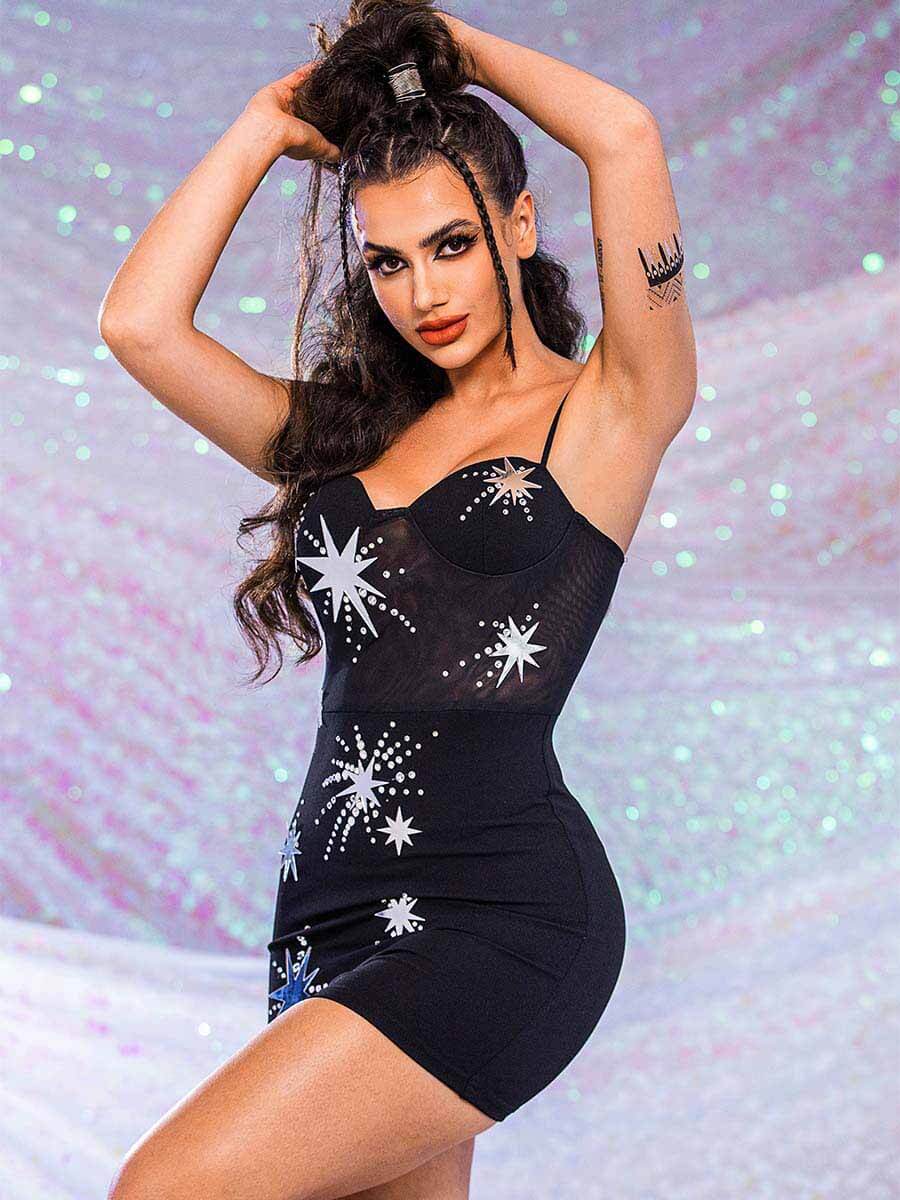 Black Sequin Star Dress - Strappy Rhinestone Mini Dresses
