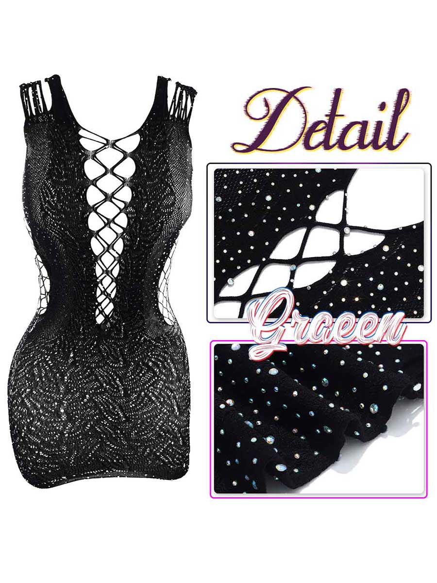 Rhinestone Black Lace Hollow Mini Dress