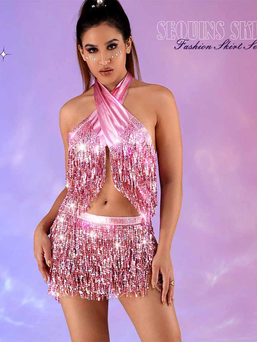 Metallic Pink Sequin Tassel Two-Piece Set