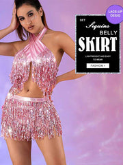 Metallic Pink Sequin Tassel Two-Piece Set