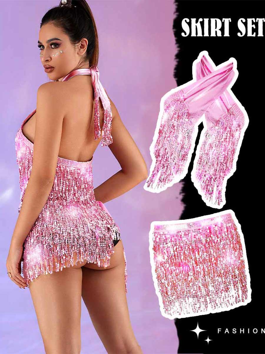 Metallic Pink Sequin Tassel Two-Piece Set