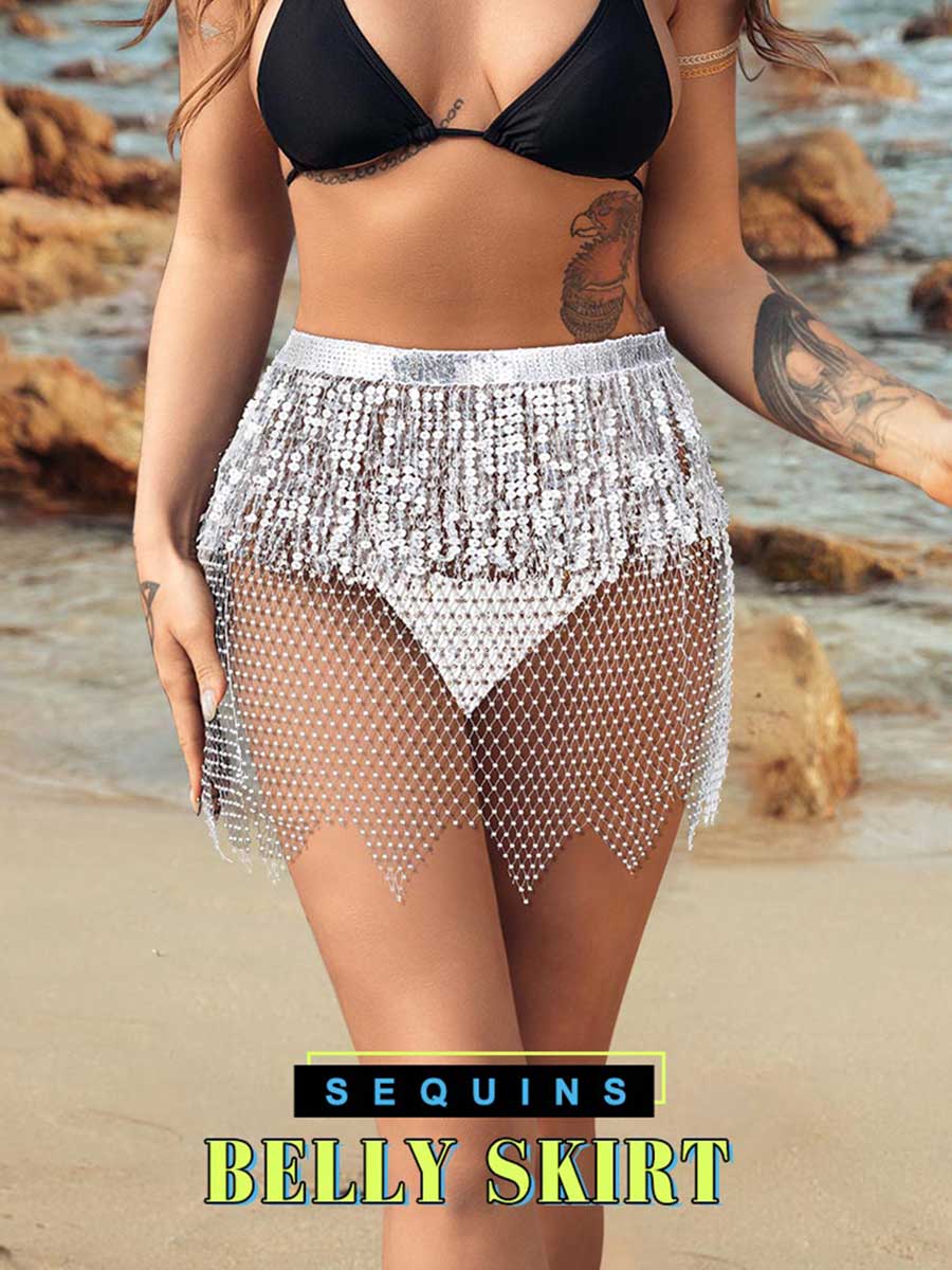 Silver Sequin Tasseled Rhinestone Fishnet Skirt