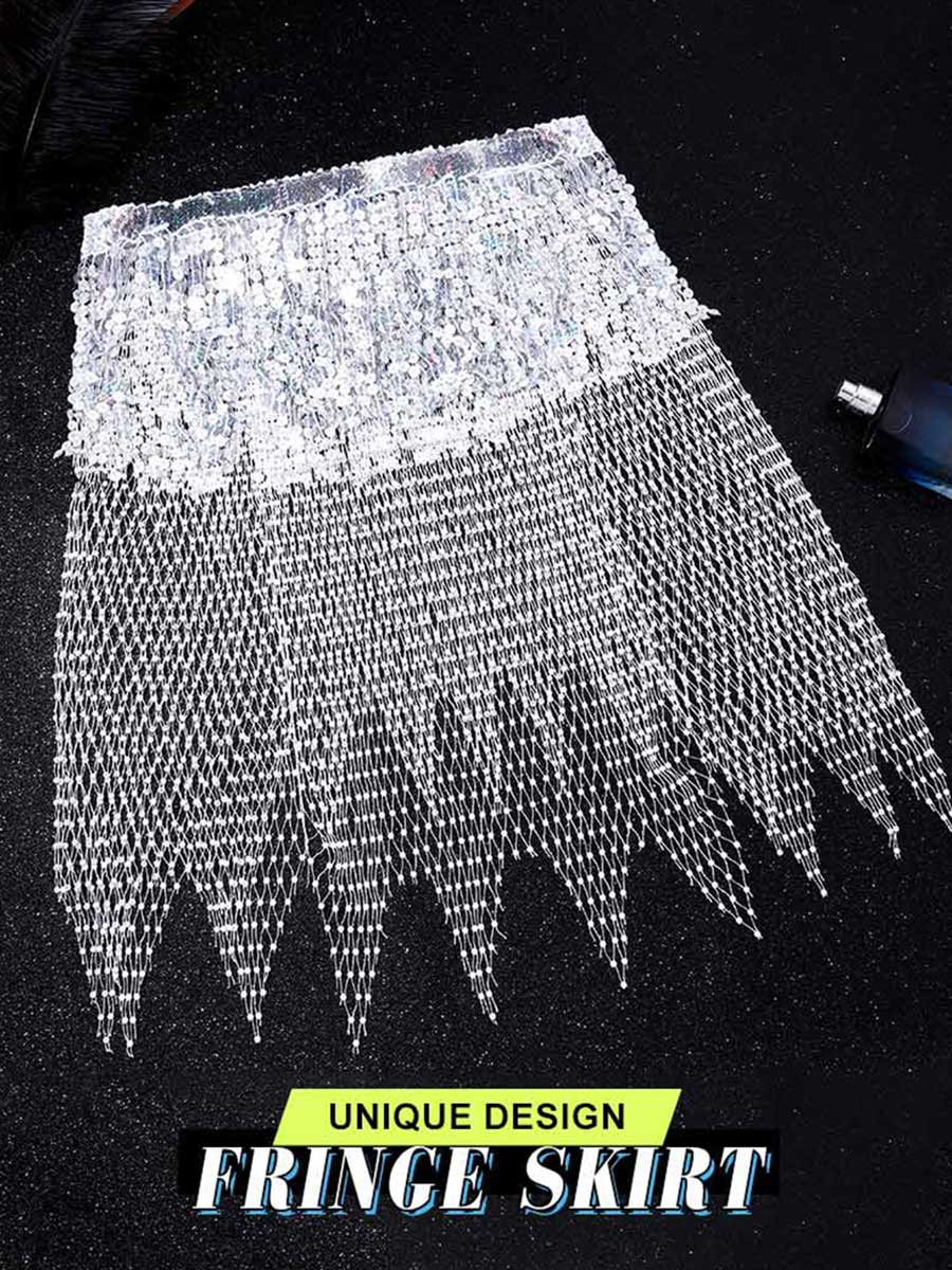 Silver Sequin Tasseled Rhinestone Fishnet Skirt