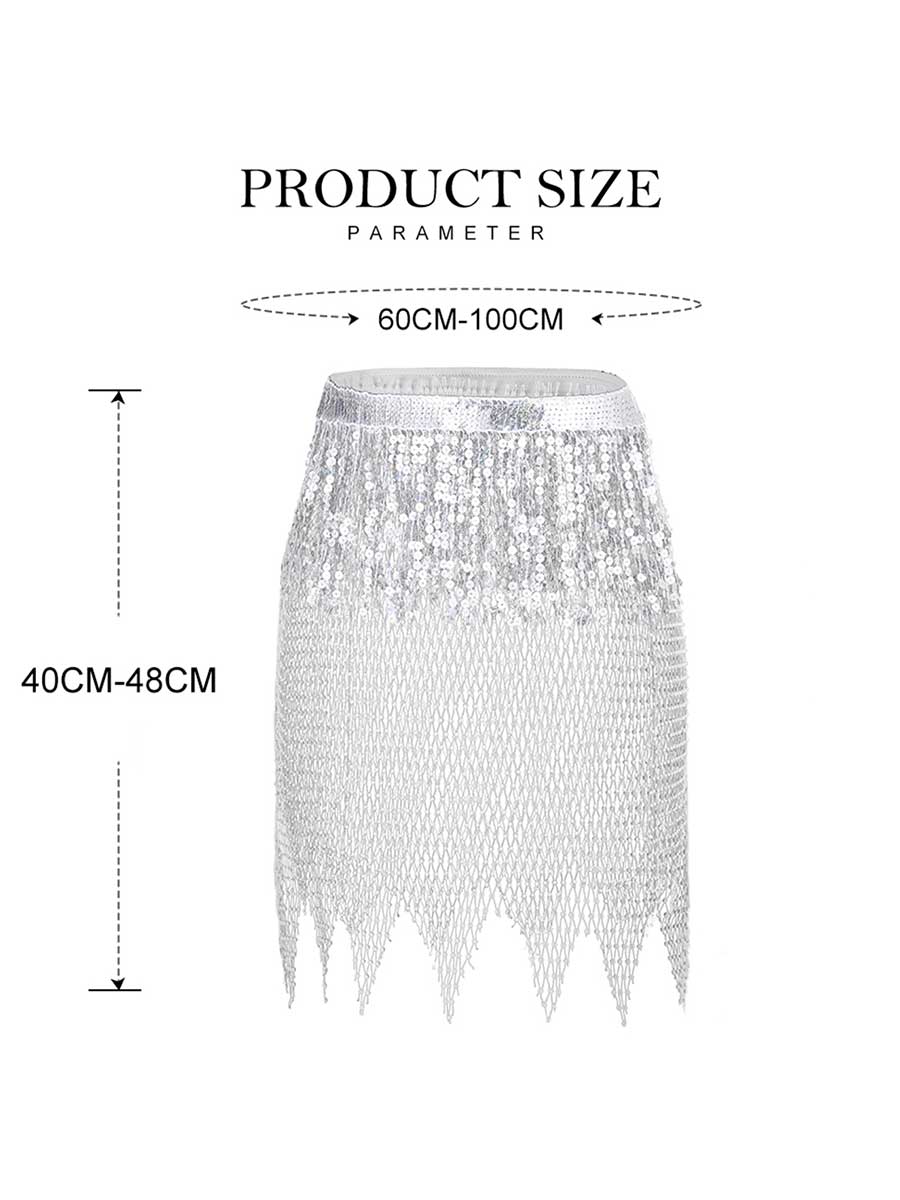 Silver Sequin Tasseled Rhinestone Fishnet Skirt