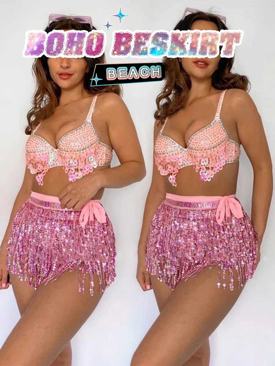 Pink Sequin Tassel A-Line Skirt