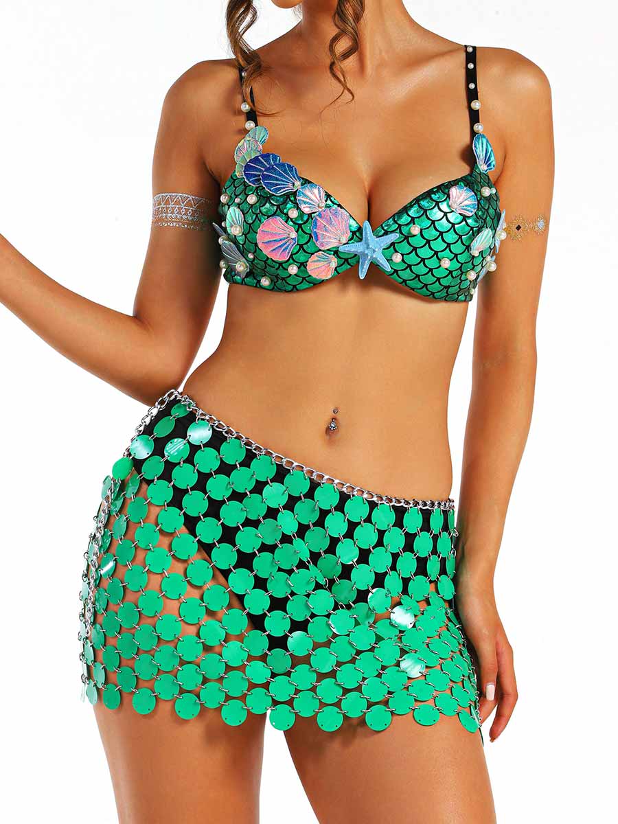 Marine Style Green Short Shiny Two-Piece Set