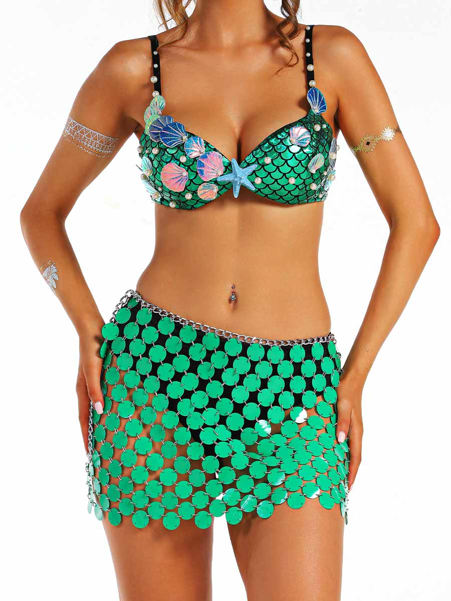 Marine Style Green Short Shiny Two-Piece Set