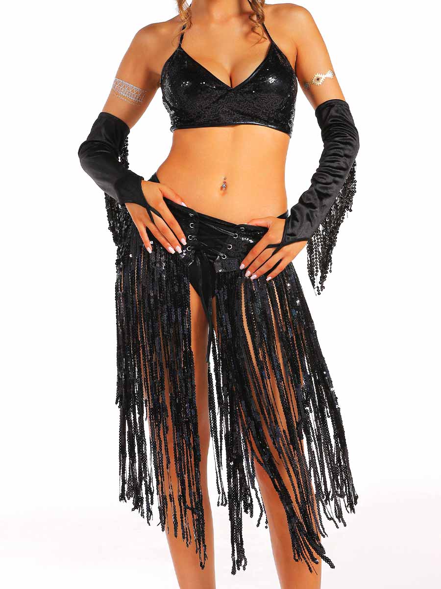 Black Sequin Fringe Set with Sleeves