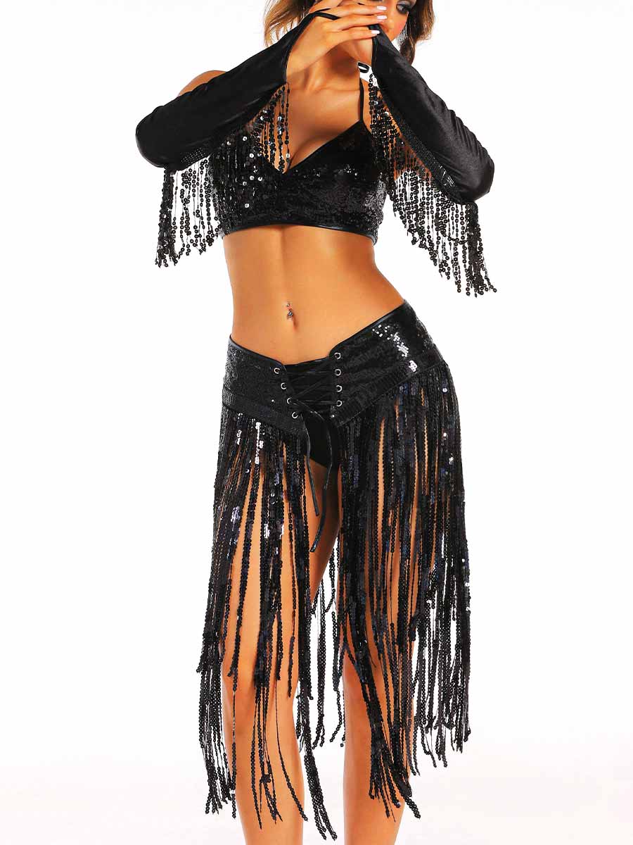 Black Sequin Fringe Set with Sleeves