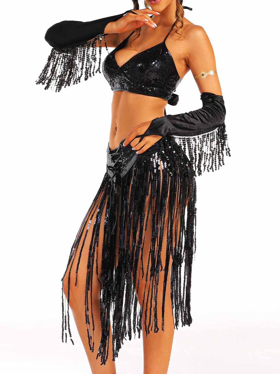 Black Sequin Fringe Set with Sleeves