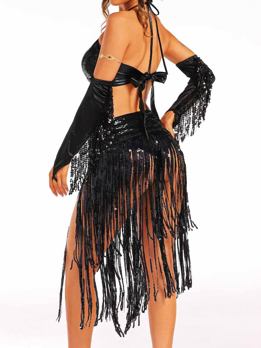 Black Sequin Fringe Set with Sleeves