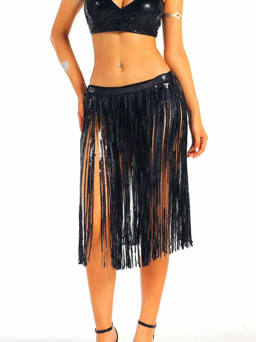 Black Sequin Tassel Midi Skirt