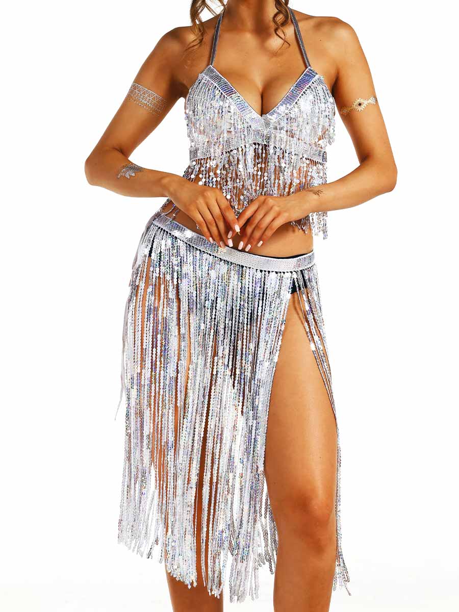 Silver Sequin Tassel Party Two-Piece Set