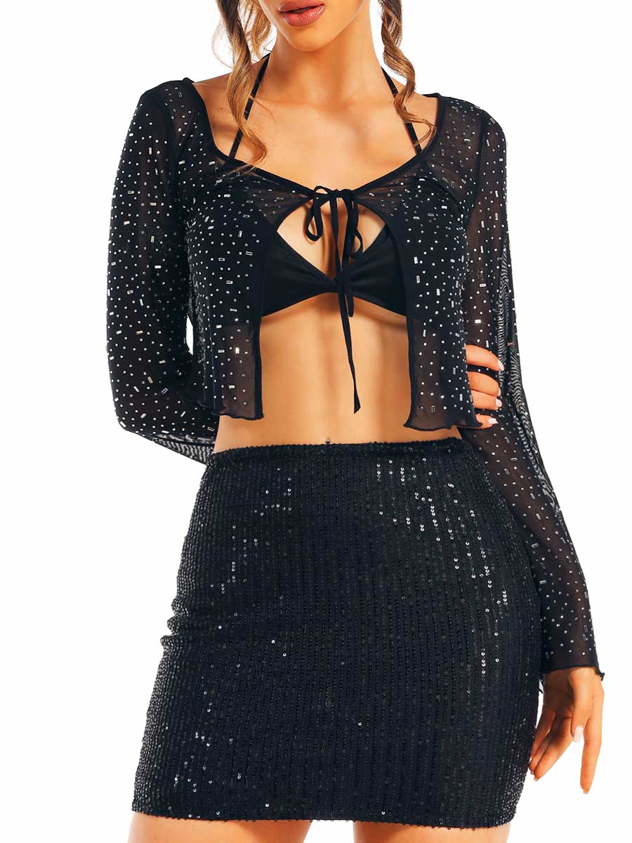 Black Rhinestone Top and Sequin Skirt Set